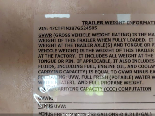 Продажа на аукционе авто 2007 Four Winds Travel Trailer, vin: 47CTFTN287G524505, номер лота: 42909552