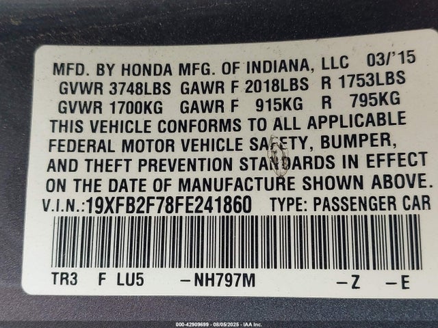 Honda r18z1 2015 19XFB2F78FE241860 Image 9
