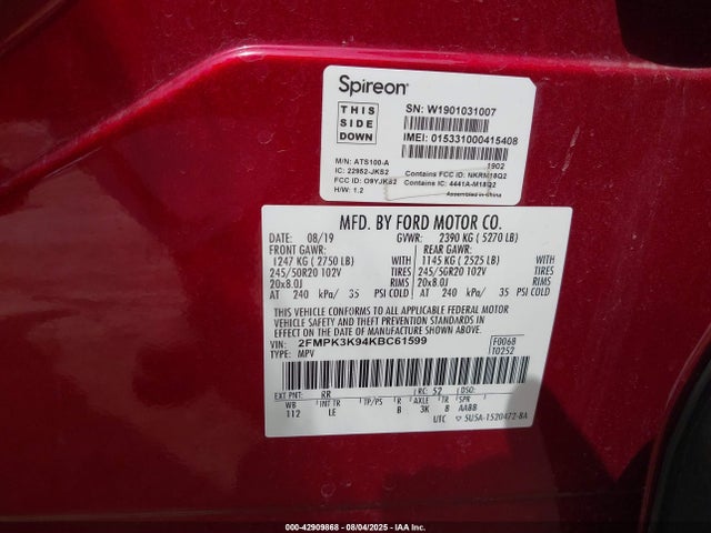 2FMPK3K94KBC61599 Ford 2.0l gtdi w/premium fuel