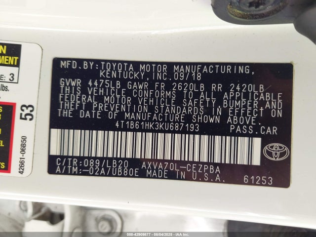 4T1B61HK3KU687193 Toyota a25a-fks