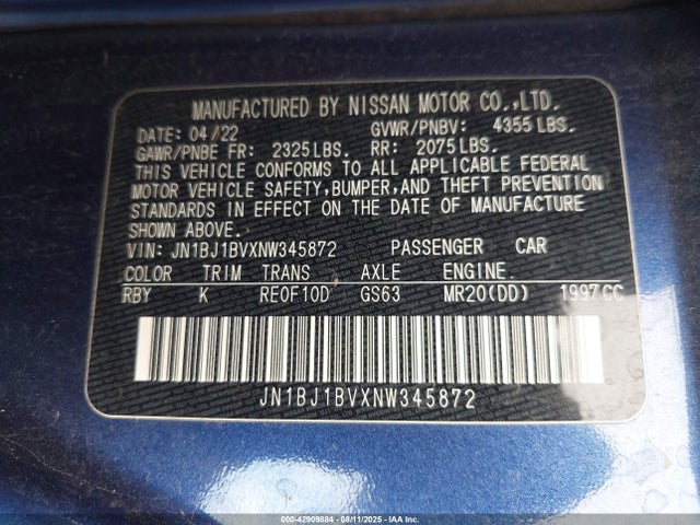 JN1BJ1BVXNW345872 Nissan ROGUE SPORT