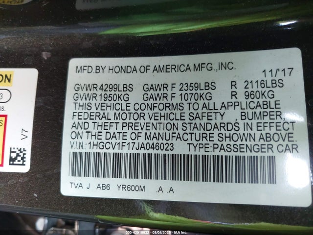 1HGCV1F17JA046023 Honda l15be