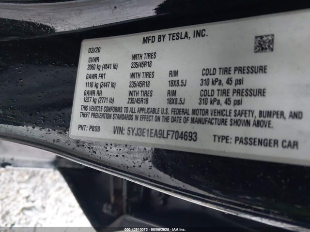 2020 TESLA MODEL 3 5YJ3E1EA9LF704693 Photo 8