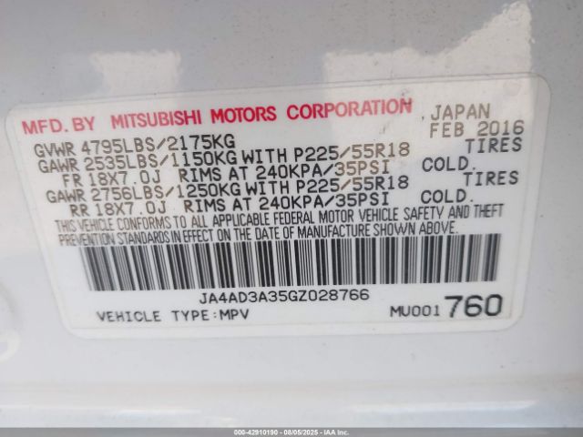 2016 MITSUBISHI OUTLANDER JA4AD3A35GZ028766 Photo 8