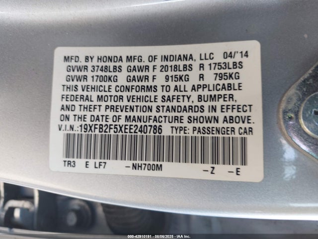 19XFB2F5XEE240786 Honda r18z1