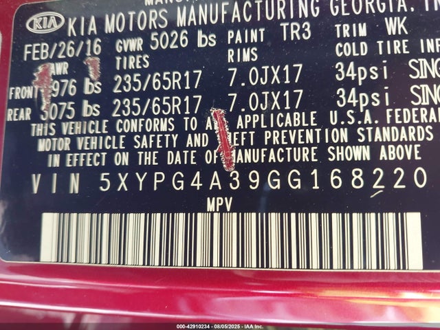 5XYPG4A39GG168220 KIA dohc gdi theta ii