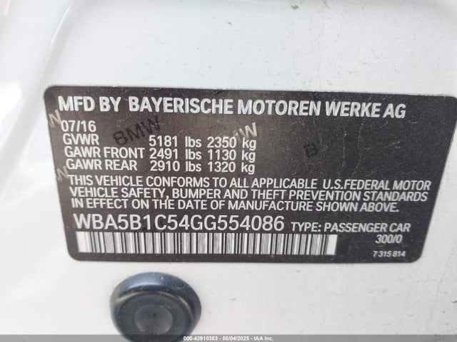 WBA5B1C54GG554086 BMW 2016