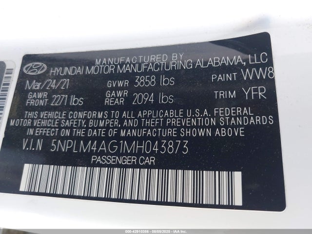 5NPLM4AG1MH043873 Hyundai mpi nu pe