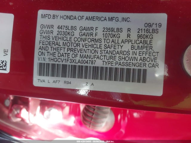 1HGCV1F3XLA004787 Honda l15be
