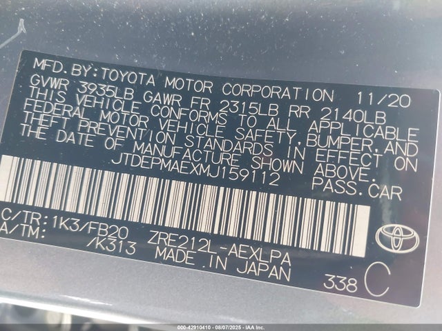 JTDEPMAEXMJ159112 Toyota 2zr-fae