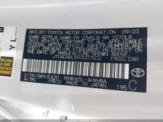 JTDADABUXR3007502 Toyota m20a-fxs