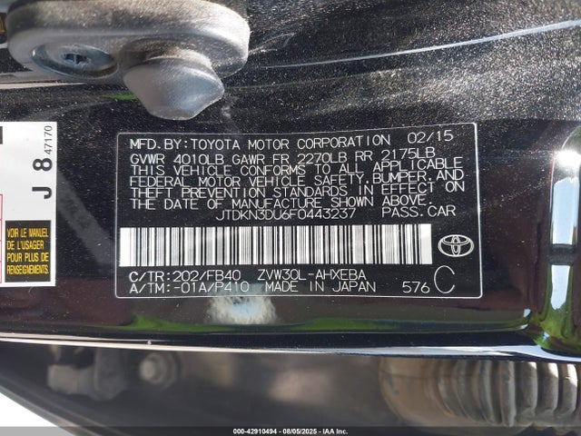 JTDKN3DU6F0443237 Toyota 2zr-fxe+3jm