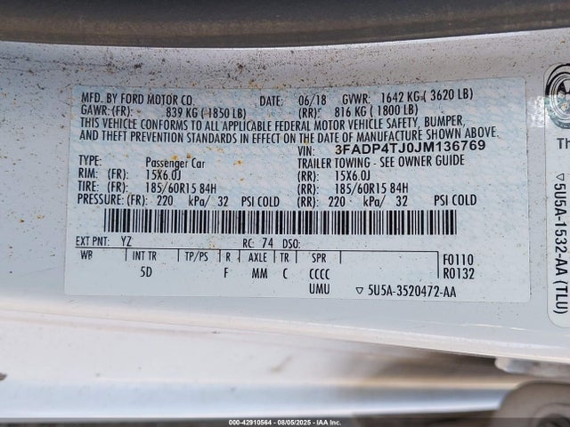 Ford 1.6l ti-vct 2018 3FADP4TJ0JM136769 Image 9