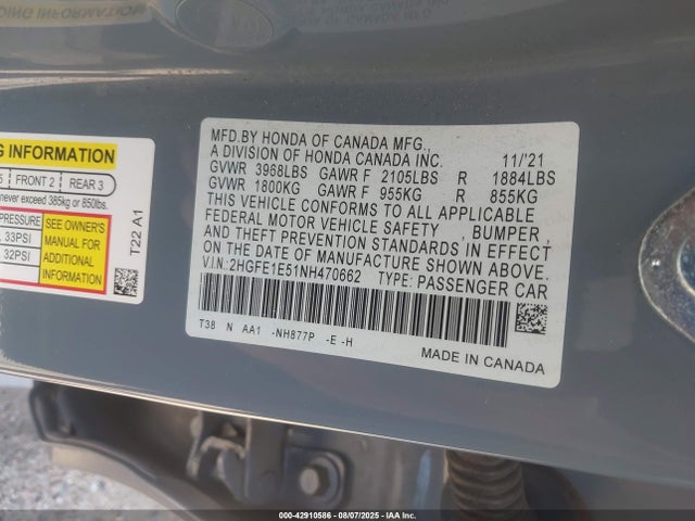 Honda l15ca 2022 2HGFE1E51NH470662 Image 9