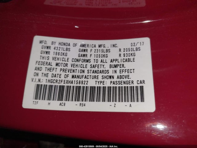 1HGCR2F5XHA158922 Honda k24w1