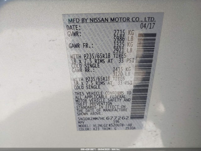 5N1DR2MM7HC677262 Nissan Pathfinder