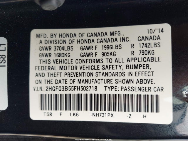 2HGFG3B55FH502718 Honda r18z1