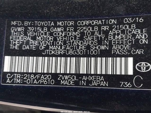 JTDKBRFU8G3011001 Toyota 2zr-fxe,1nm