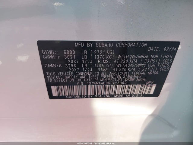 2024 Subaru Ascent Touring 7-passenger მანქანა იყიდება აუქციონზე, vin: 4S4WMAWD8R3425309, აუქციონის ნომერი: 42910742