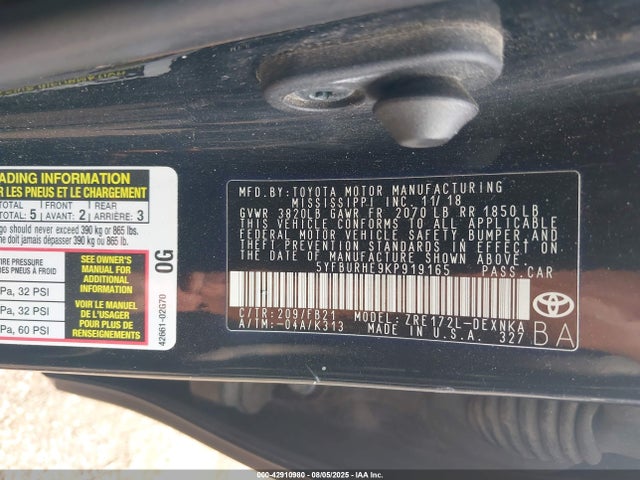 5YFBURHE9KP919165 Toyota 2zr-fe