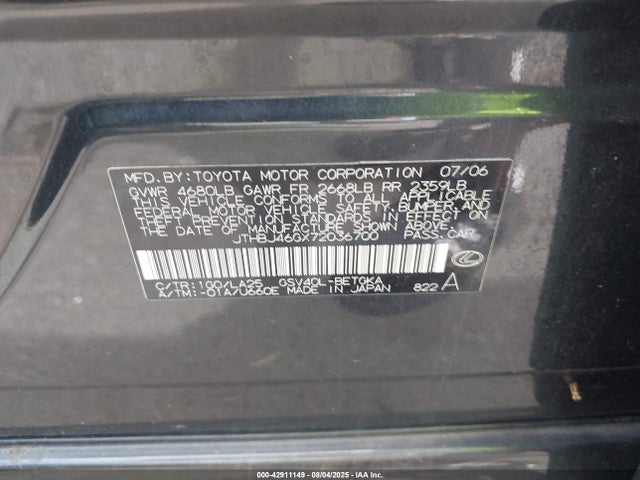 Продажа на аукционе авто 2007 Lexus Es 350, vin: JTHBJ46GX72036700, номер лота: 42911149