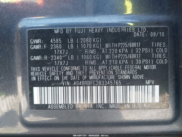 2011 Subaru Outback 2.5i Premium მანქანა იყიდება აუქციონზე, vin: 4S4BRBFC2B3345765, აუქციონის ნომერი: 42911331