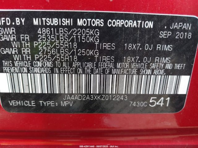 2019 MITSUBISHI OUTLANDER JA4AD2A3XKZ012243 Photo 8