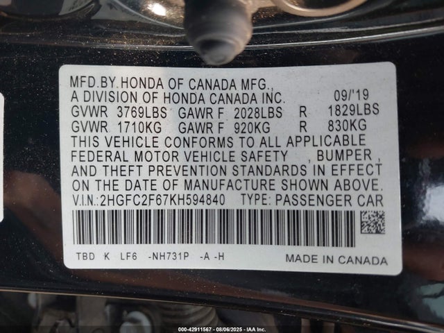 Honda k20c2 2019 2HGFC2F67KH594840 Image 9