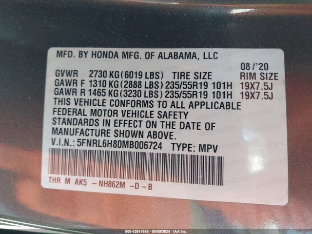 5FNRL6H80MB006724 Honda j35y7