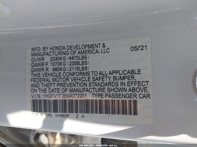 1HGCV1F36MA072201 Honda l15be