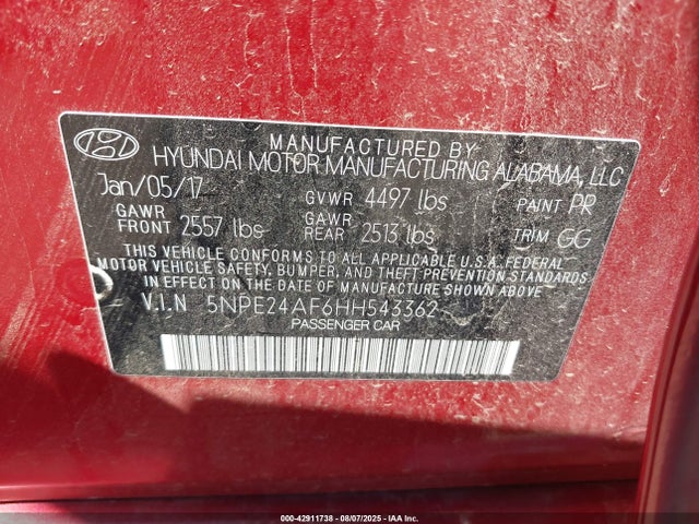 5NPE24AF6HH543362 Hyundai 2017
