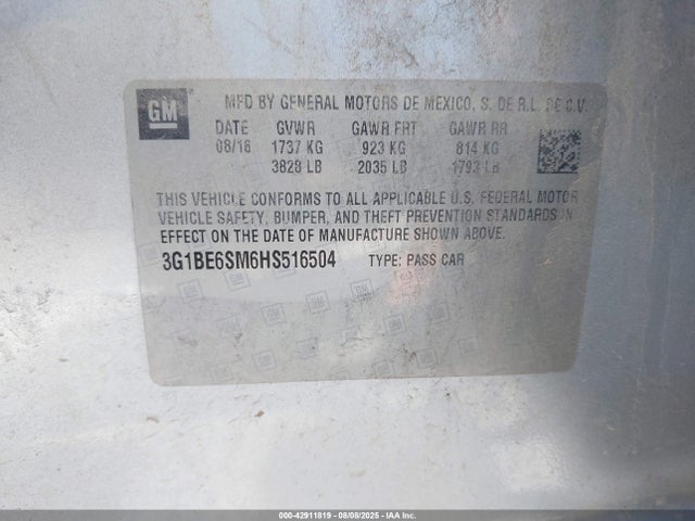 3G1BE6SM6HS516504 Chevrolet le2 -di: direct injection, vvt: variable valve timing, gen, alum