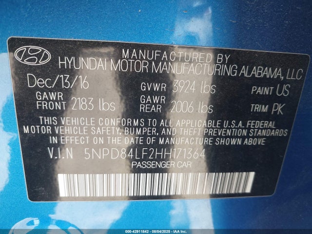 5NPD84LF2HH171364 Hyundai 2017
