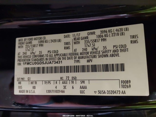 1FMCU0GD5JUA73431 Ford 1.5l gtdi sigma w/premium fuel