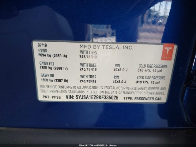 2019 TESLA MODEL S 5YJSA1E29KF335025 Photo 8