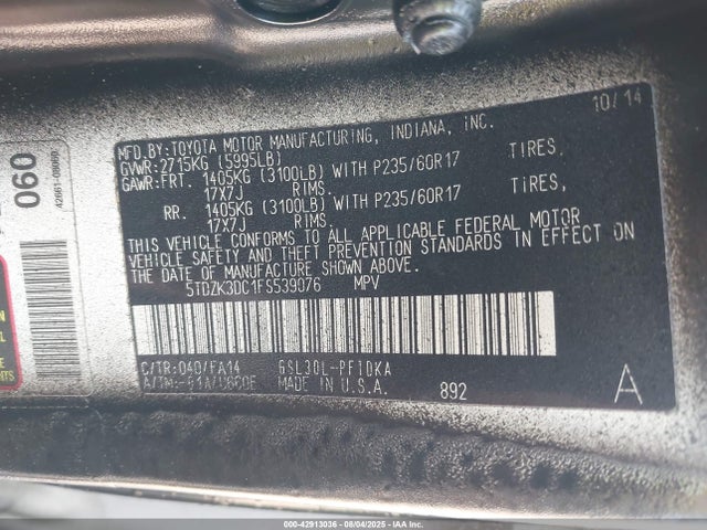 5TDZK3DC1FS539076 Toyota 2gr-fks