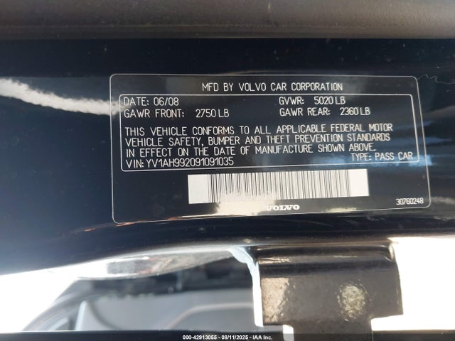 2009 Volvo S80 T6 მანქანა იყიდება აუქციონზე, vin: YV1AH992091091035, აუქციონის ნომერი: 42913055