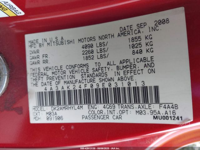 2009 MITSUBISHI ECLIPSE 4A3AK24F09E031013 Photo 8