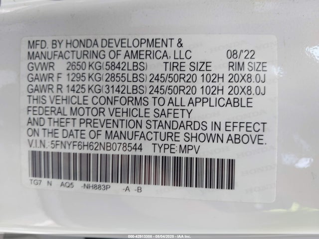 Honda j35y6 2022 5FNYF6H62NB078544 Image 9