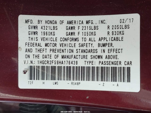 1HGCR2F59HA176439 Honda k24w1