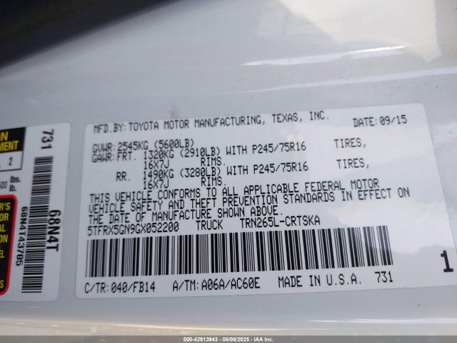 5TFRX5GN9GX052200 Toyota 2tr-fe