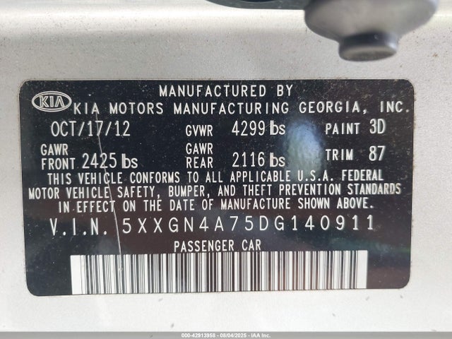 Продажа на аукционе авто 2013 Kia Optima Ex, vin: 5XXGN4A75DG140911, номер лота: 42913958