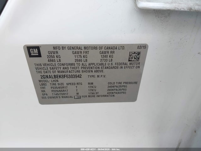 2GNALBEK8F6303942 Chevrolet lea - flex fuel (gas/alc), aluminum, ho,