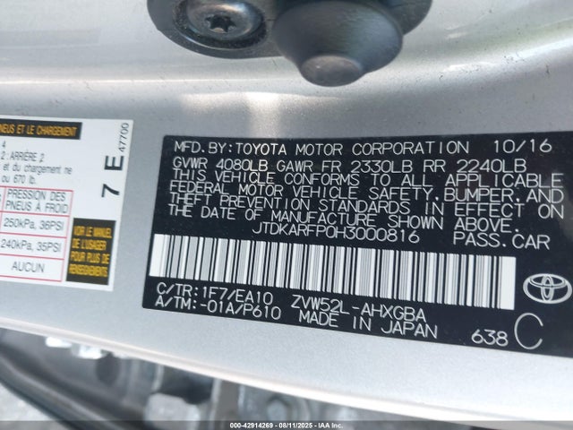 Toyota 2zr-fxe+1nm 2017 JTDKARFP0H3000816 Image 9