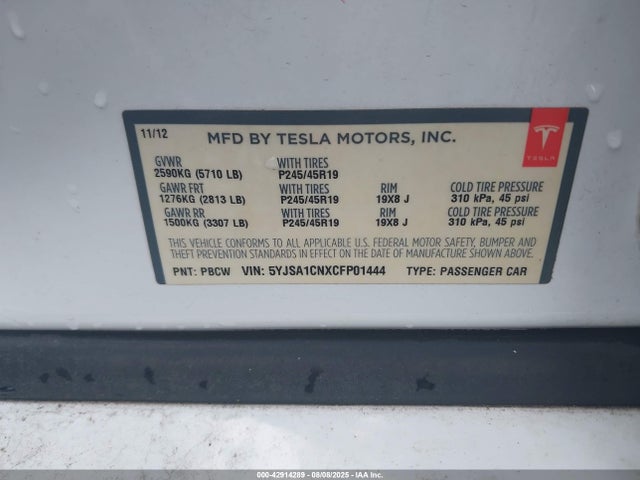2012 TESLA MODEL S 5YJSA1CNXCFP01444 Photo 8