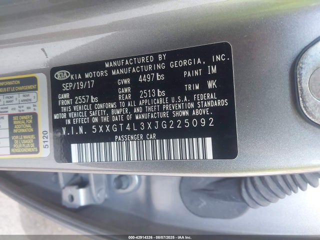 42914326 :رقم المزاد ، 5XXGT4L3XJG225092 vin ، 2018 Kia Optima Lx مزاد بيع