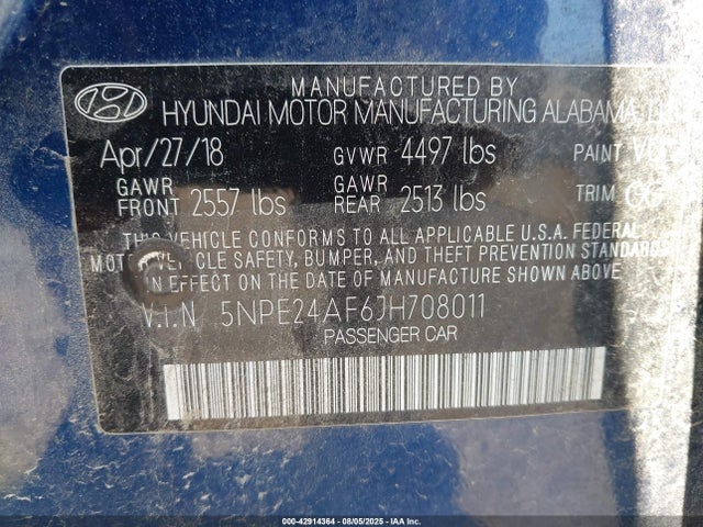 5NPE24AF6JH708011 Hyundai gdi theta-ii