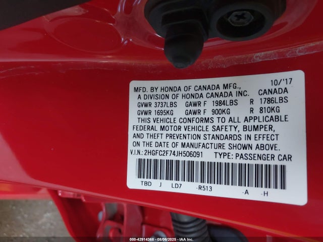 Honda k20c2 2018 2HGFC2F74JH506091 Image 9