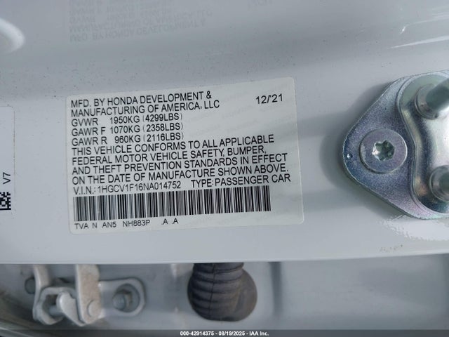Honda l15be 2022 1HGCV1F16NA014752 Image 9
