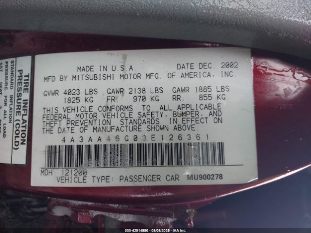 2003 MITSUBISHI GALANT 4A3AA46G03E126361 Photo 8